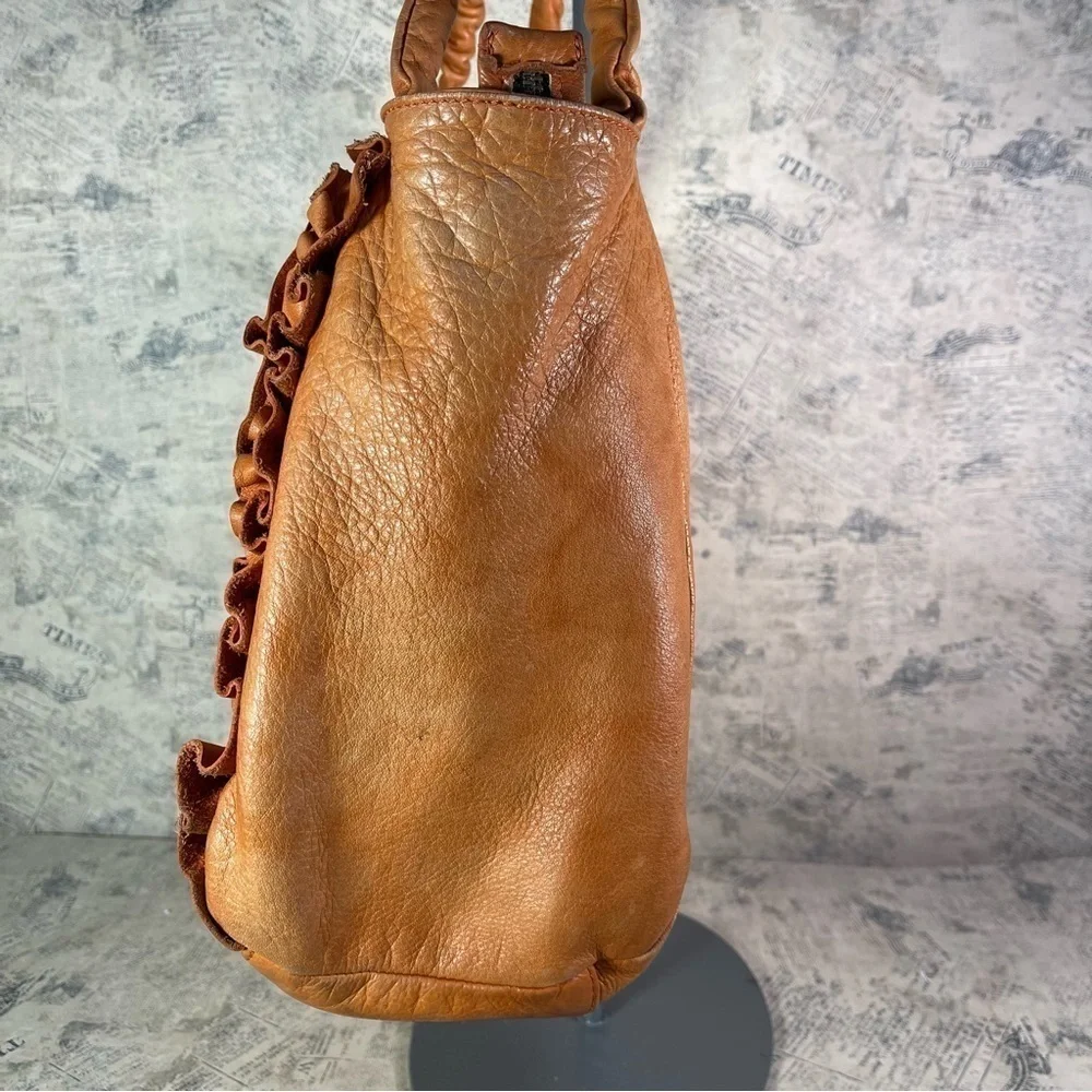 Caterina Lucchi Made in Italy Orange Calf Leather Ruffle Shoulder Tote Designer